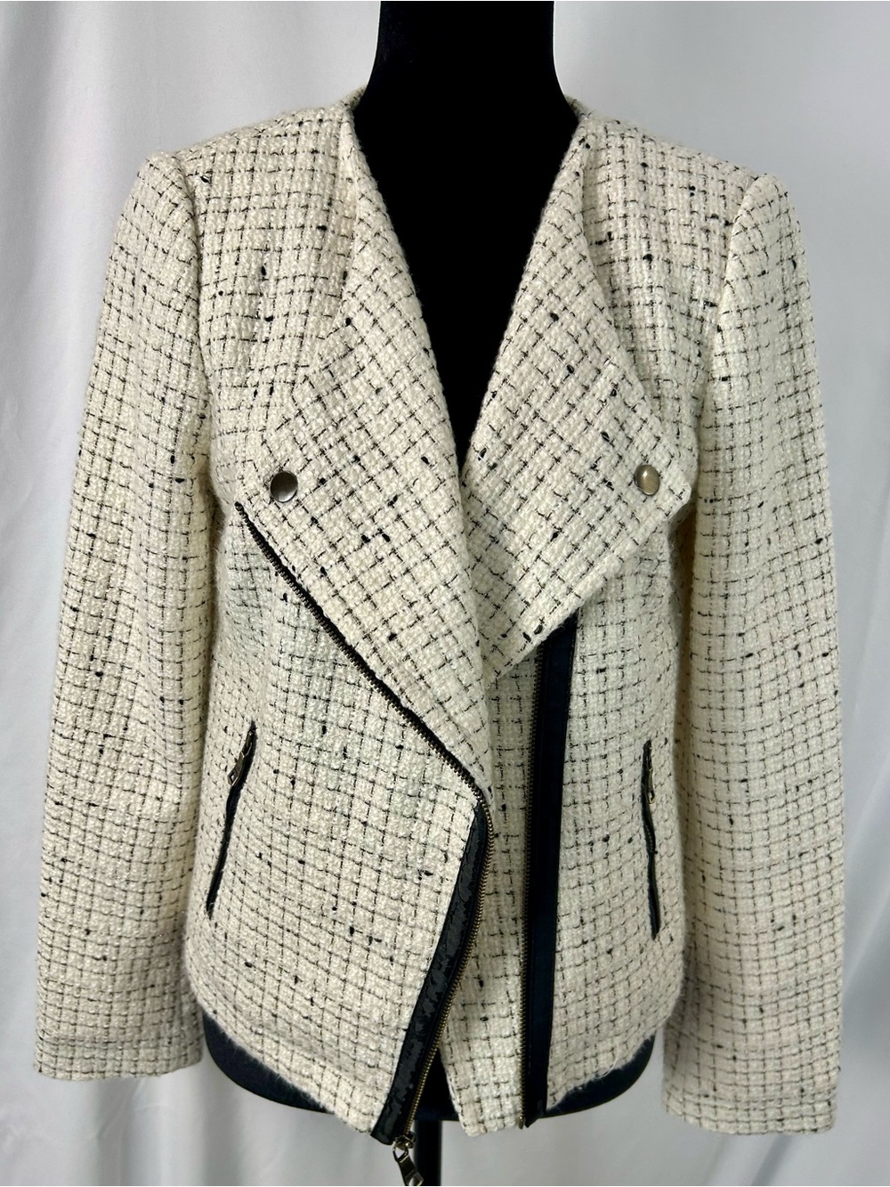 Banana Republic Ivory Boucle Tweed Moto Jacket Black Fleck Size 8